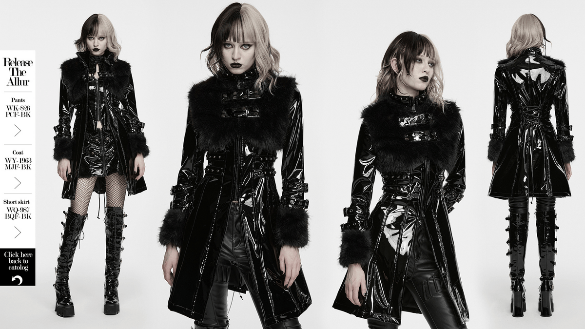 Female Gothic Patent Leather Coat with Faux Fur Trim showcased on model, highlighting sleek design and bold features.