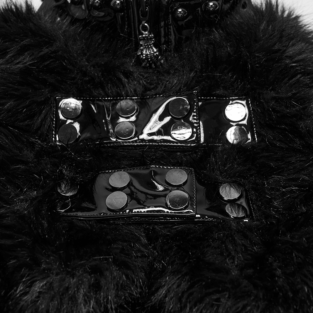 Close-up of the Female Gothic Patent Leather Coat with Faux Fur Trim showcasing bondage straps and metal studs.