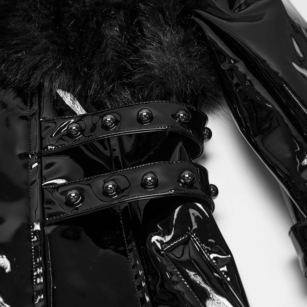Female Gothic Patent Leather Coat with Faux Fur Trim showcasing glossy finish, bondage straps, and plush faux fur.
