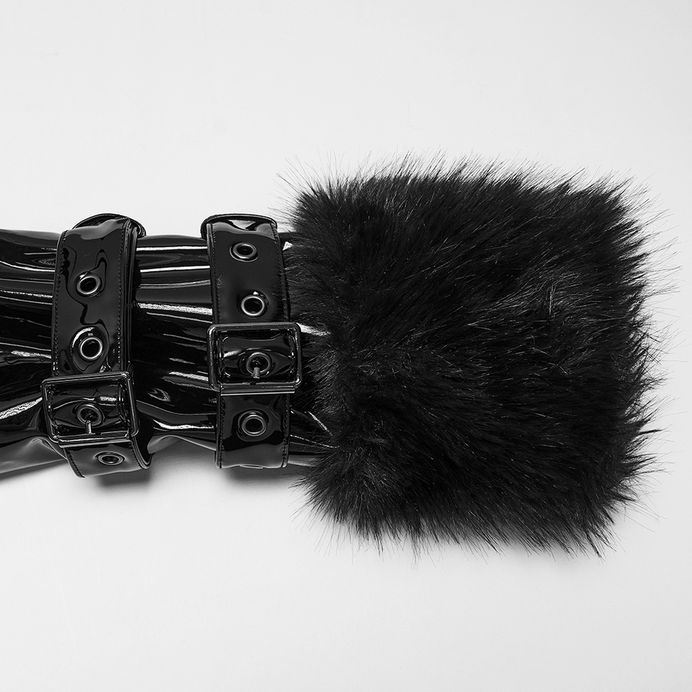Female Gothic Patent Leather Coat with Faux Fur Trim detailing featuring bondage straps and plush faux fur.