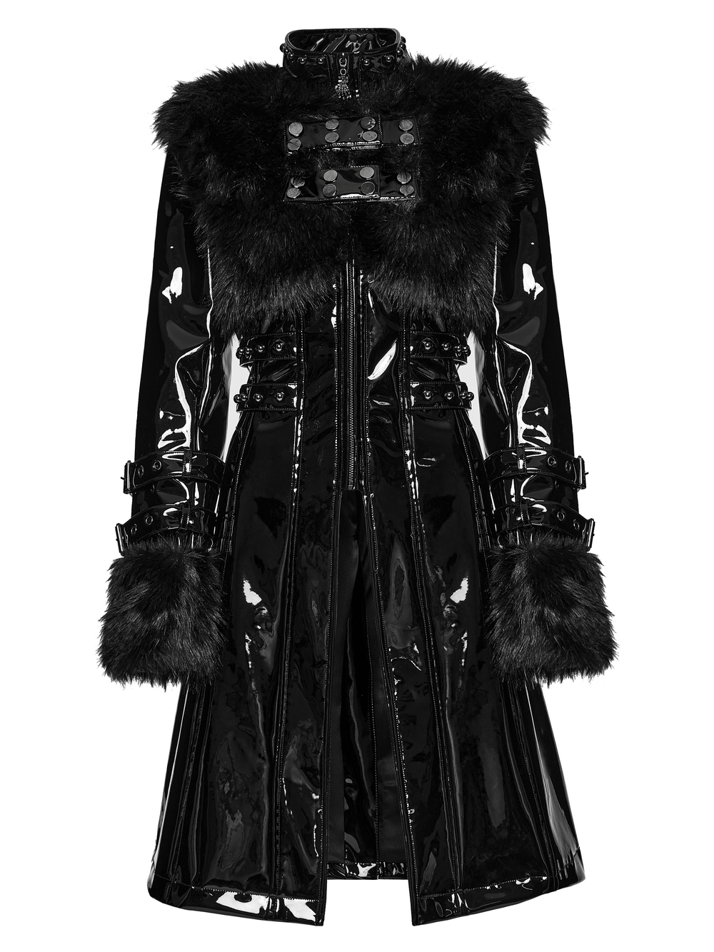 Female Gothic Patent Leather Coat with Faux Fur Trim showcasing glossy finish and dramatic faux fur collar.