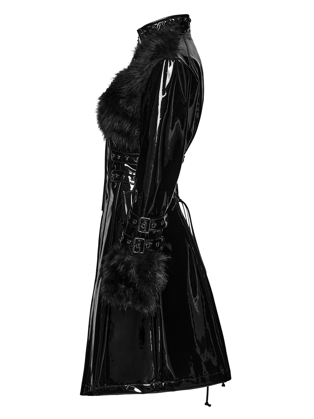 Female Gothic Patent Leather Coat with Faux Fur Trim showcased in a side view, featuring shiny patent leather and plush fur.