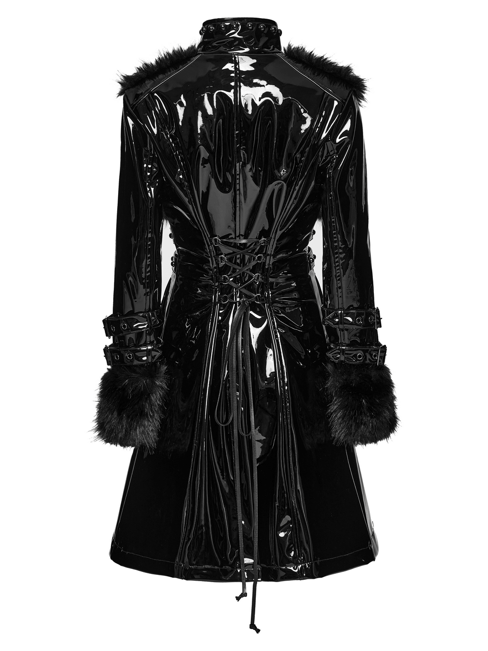 Female Gothic Patent Leather Coat with Faux Fur Trim showcasing a stunning black patent finish and bold bondage details.