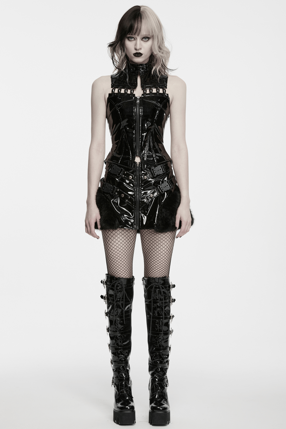 Female Gothic Patent Leather Faux Fur Punk Mini Skirt