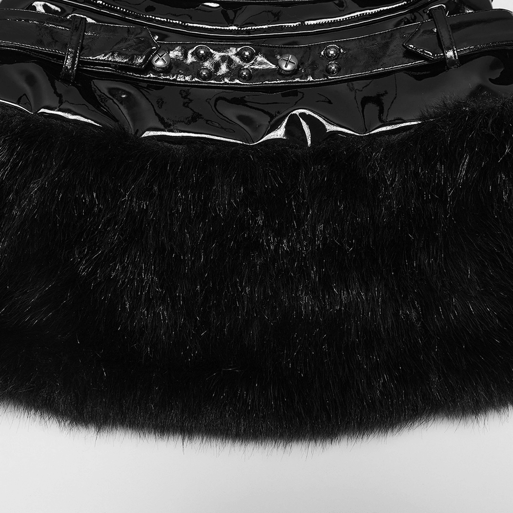 Female Gothic Patent Leather Faux Fur Punk Mini Skirt