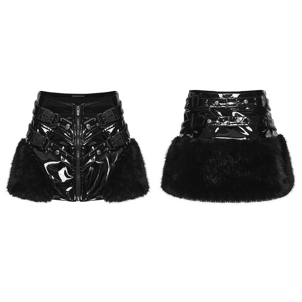 Female Gothic Patent Leather Faux Fur Punk Mini Skirt