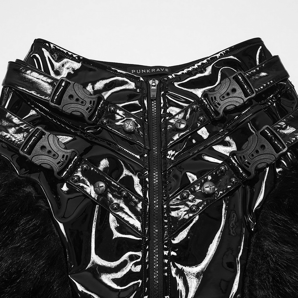 Female Gothic Patent Leather Faux Fur Punk Mini Skirt