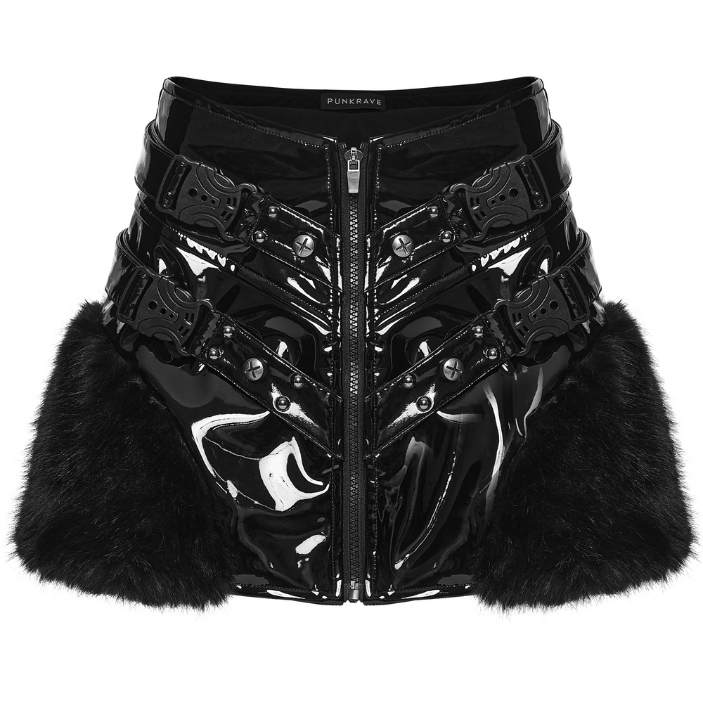 Female Gothic Patent Leather Faux Fur Punk Mini Skirt