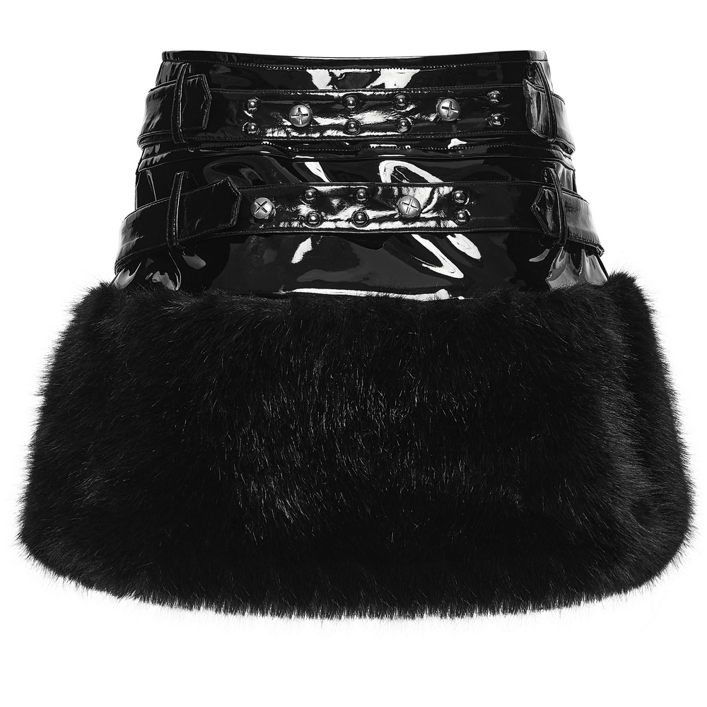 Female Gothic Patent Leather Faux Fur Punk Mini Skirt