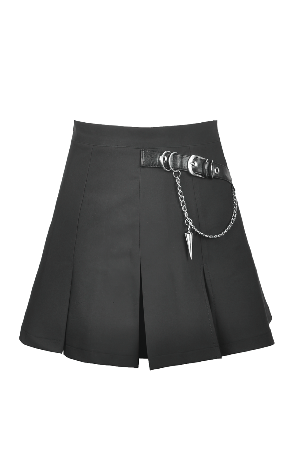 Black pleated mini skirt with chain detail for a gothic and edgy look.