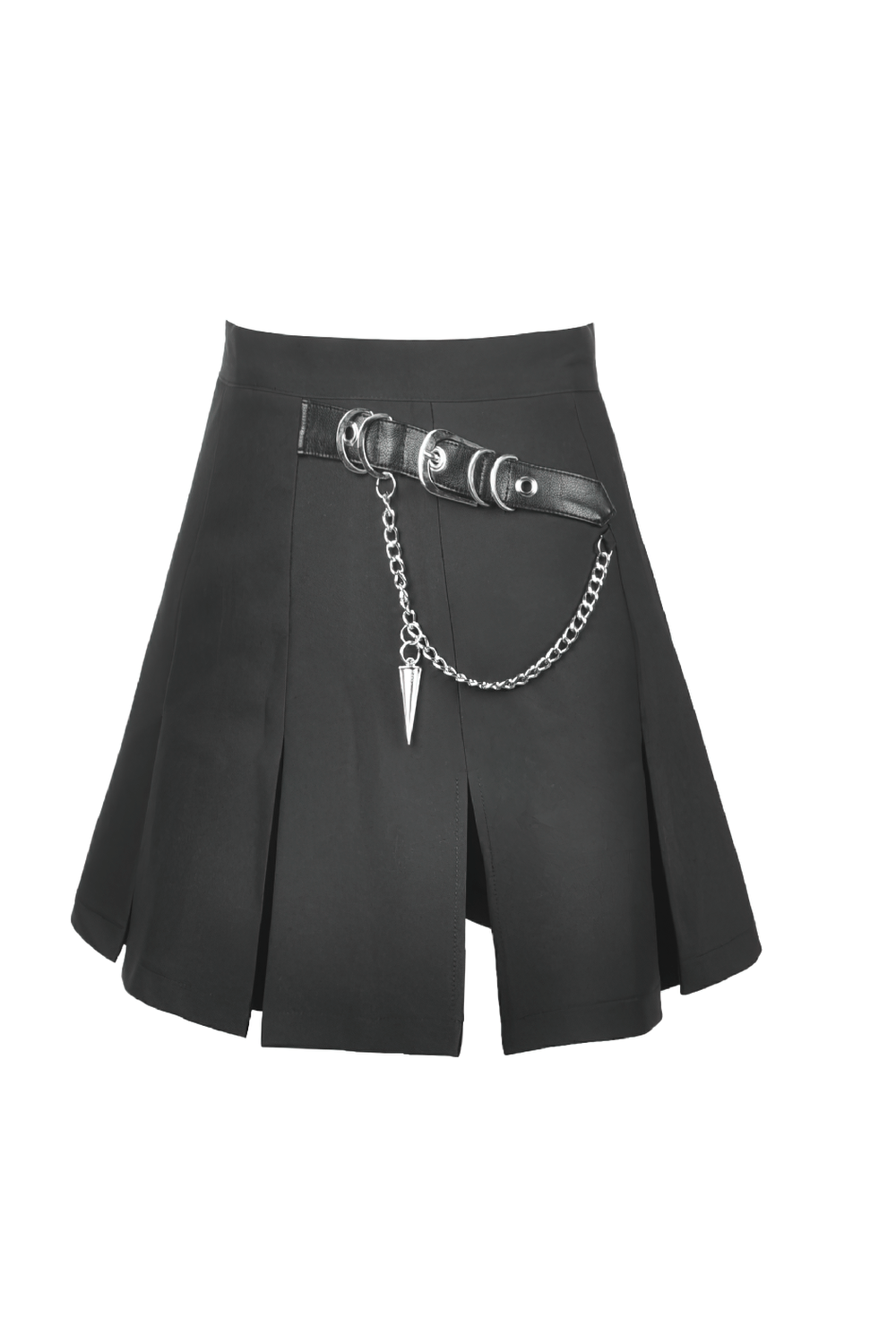 Black pleated mini skirt with chain detail for a gothic punk look.