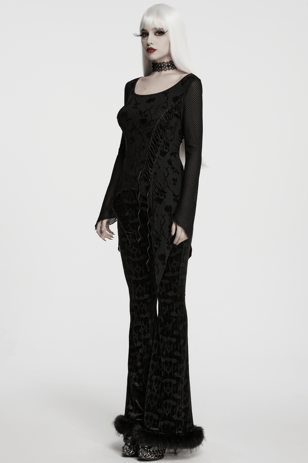 Damen-Top mit Gothic-Rosenprint, asymmetrischem Schnitt und Mesh-Ärmeln