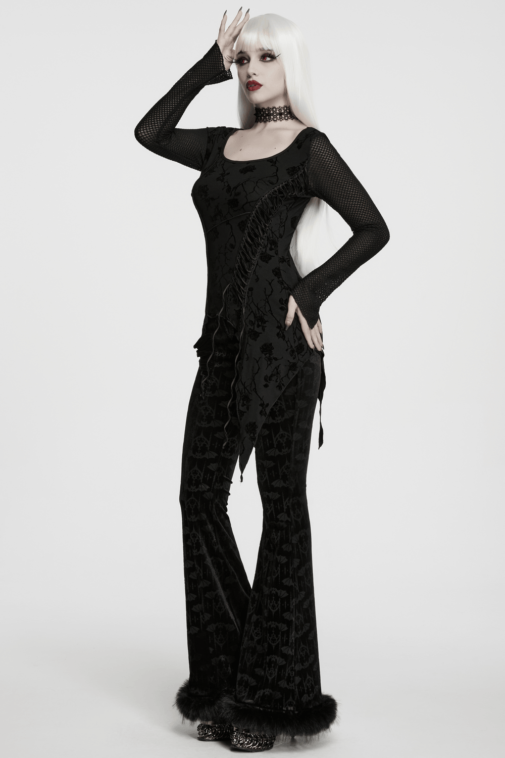 Damen-Top mit Gothic-Rosenprint, asymmetrischem Schnitt und Mesh-Ärmeln