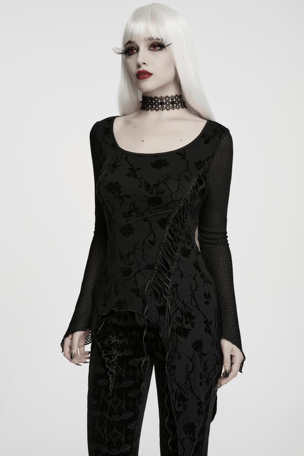 Damen-Top mit Gothic-Rosenprint, asymmetrischem Schnitt und Mesh-Ärmeln