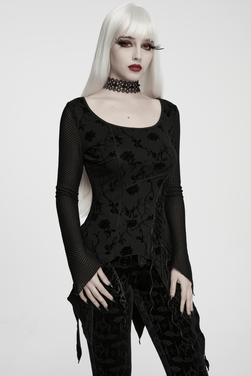 Damen-Top mit Gothic-Rosenprint, asymmetrischem Schnitt und Mesh-Ärmeln