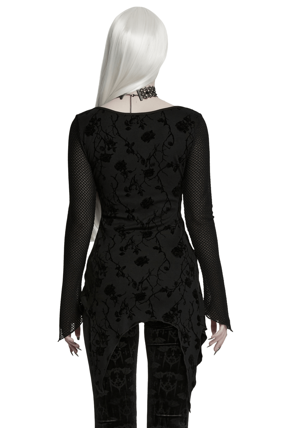 Damen-Top mit Gothic-Rosenprint, asymmetrischem Schnitt und Mesh-Ärmeln