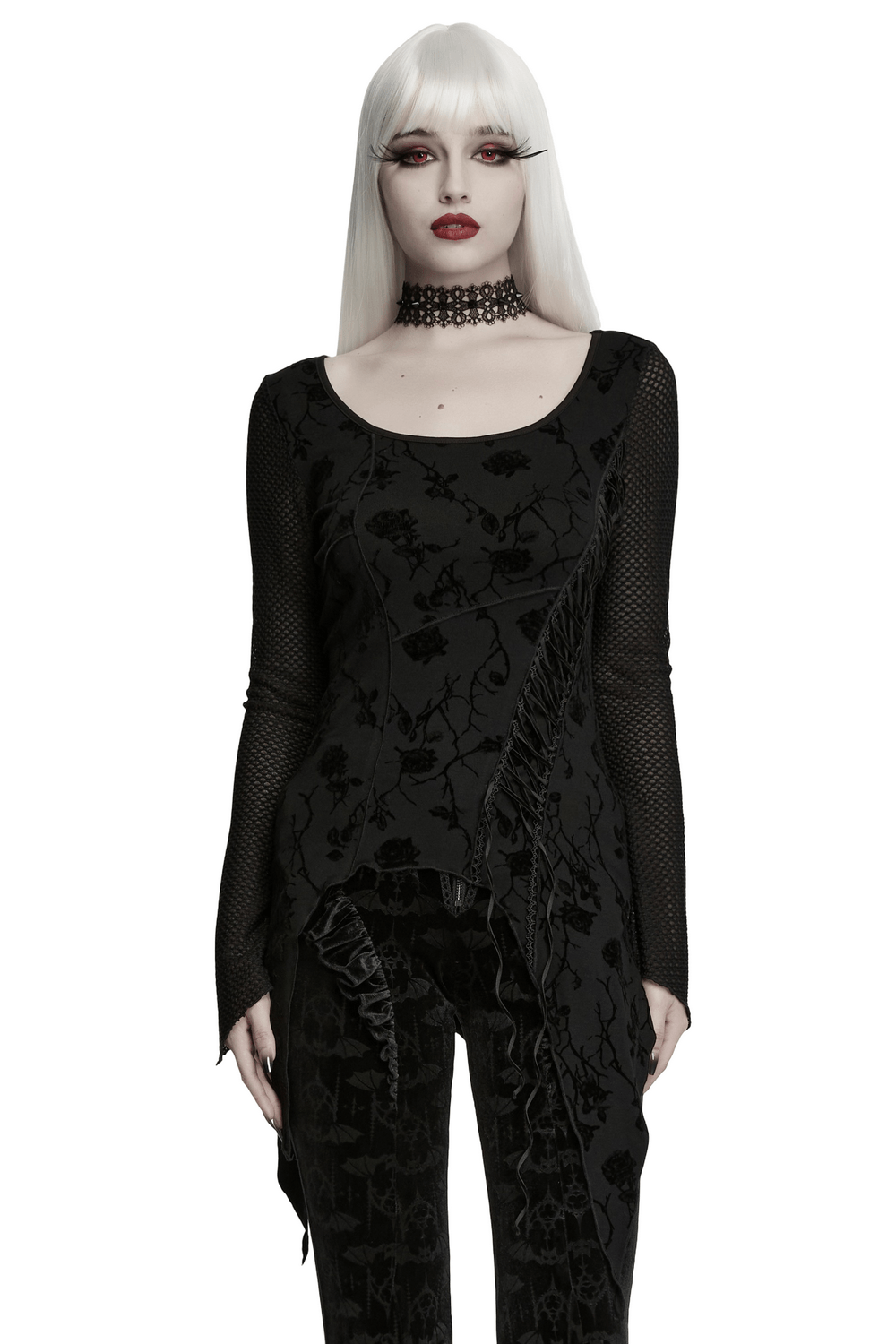 Damen-Top mit Gothic-Rosenprint, asymmetrischem Schnitt und Mesh-Ärmeln