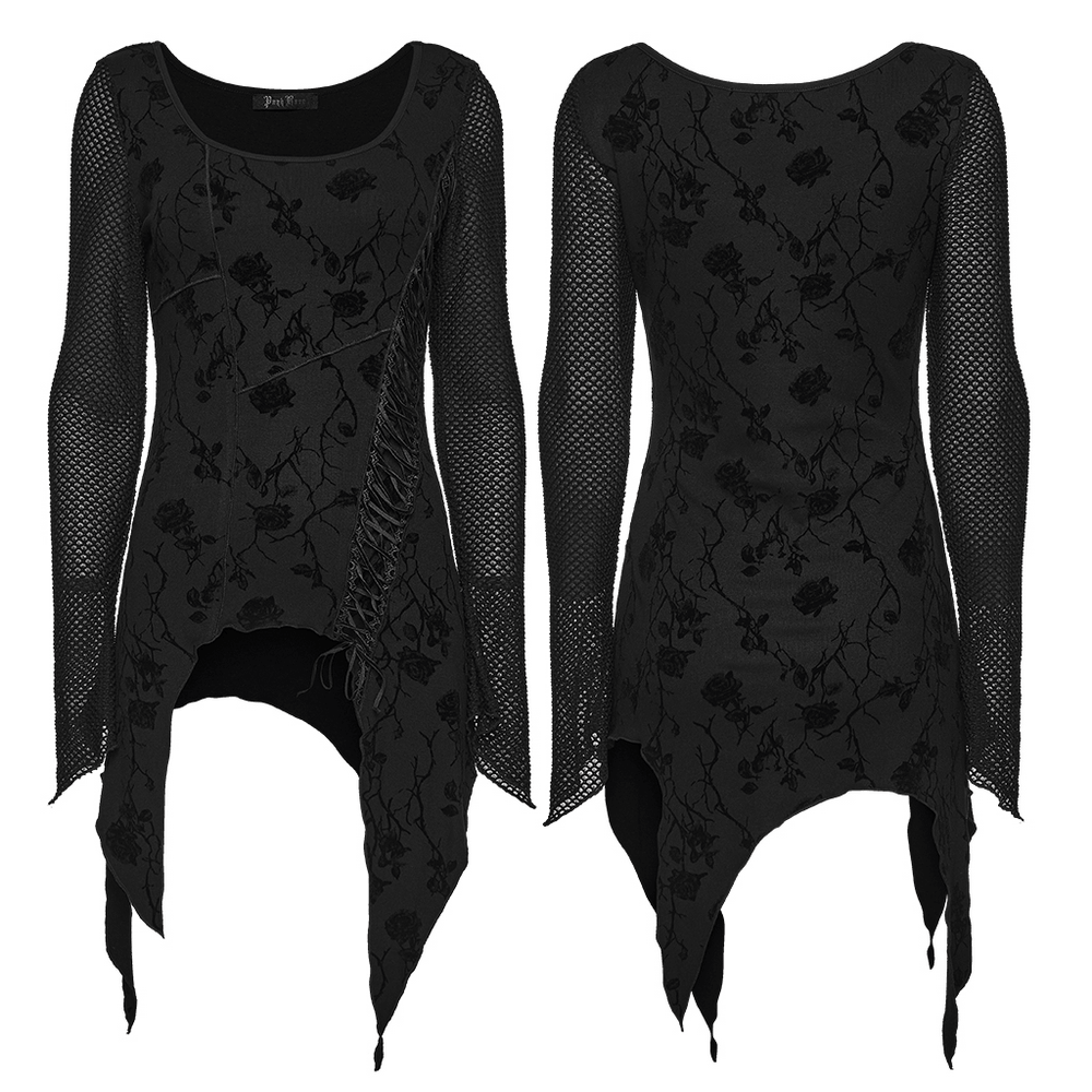Damen-Top mit Gothic-Rosenprint, asymmetrischem Schnitt und Mesh-Ärmeln