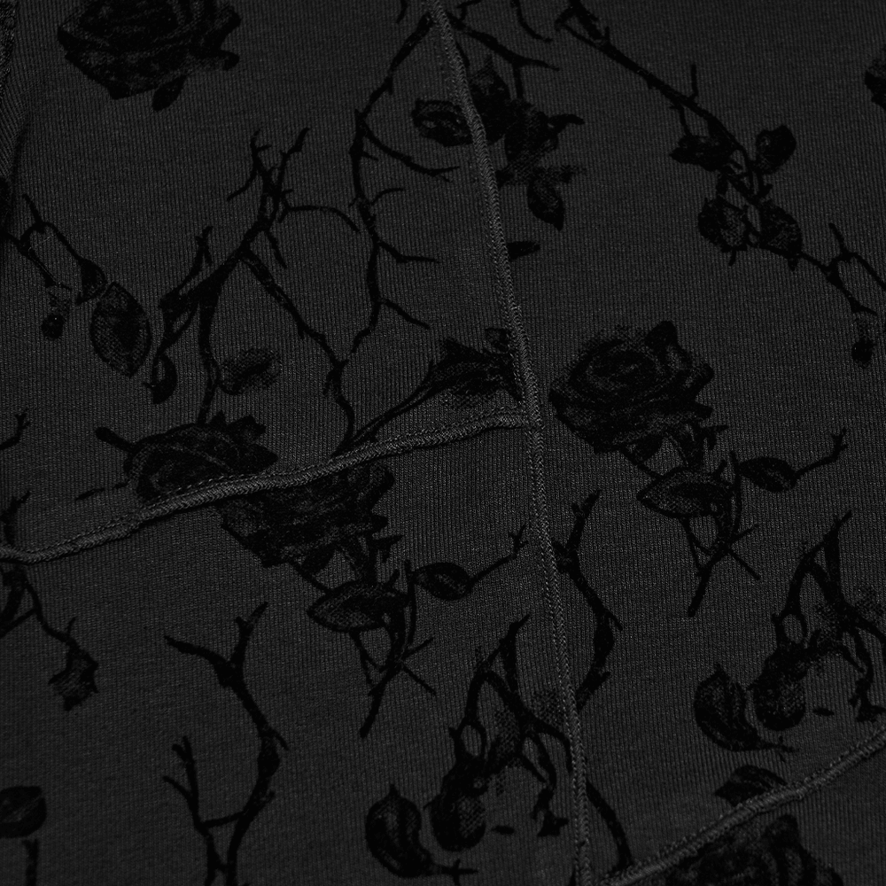 Damen-Top mit Gothic-Rosenprint, asymmetrischem Schnitt und Mesh-Ärmeln