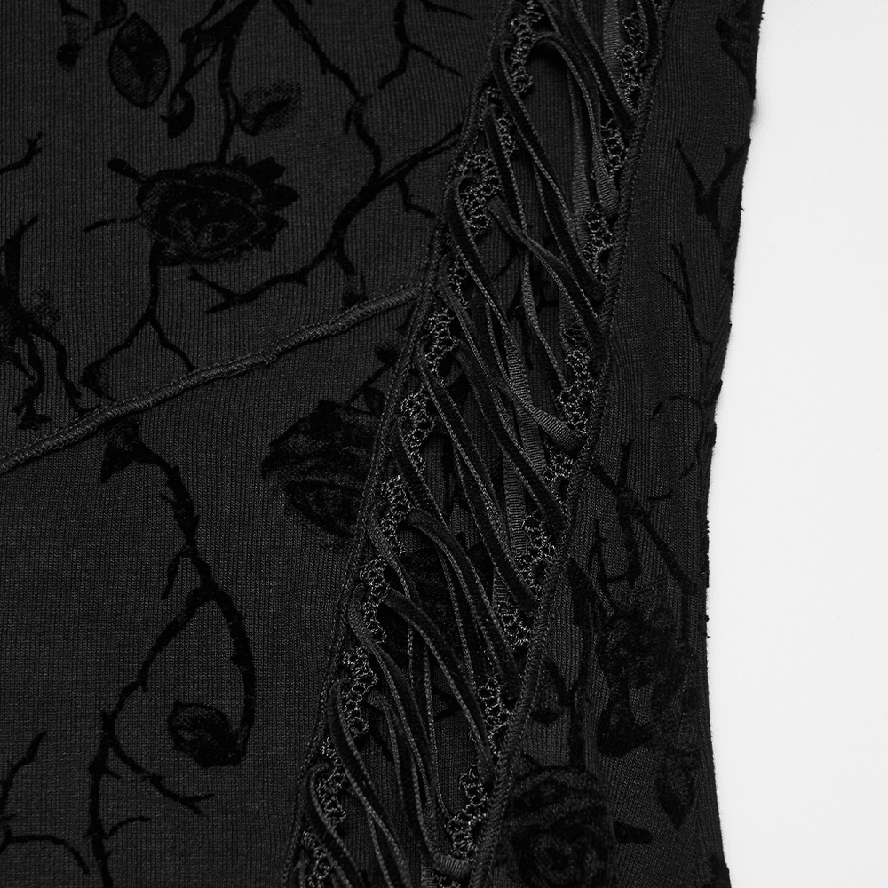 Damen-Top mit Gothic-Rosenprint, asymmetrischem Schnitt und Mesh-Ärmeln