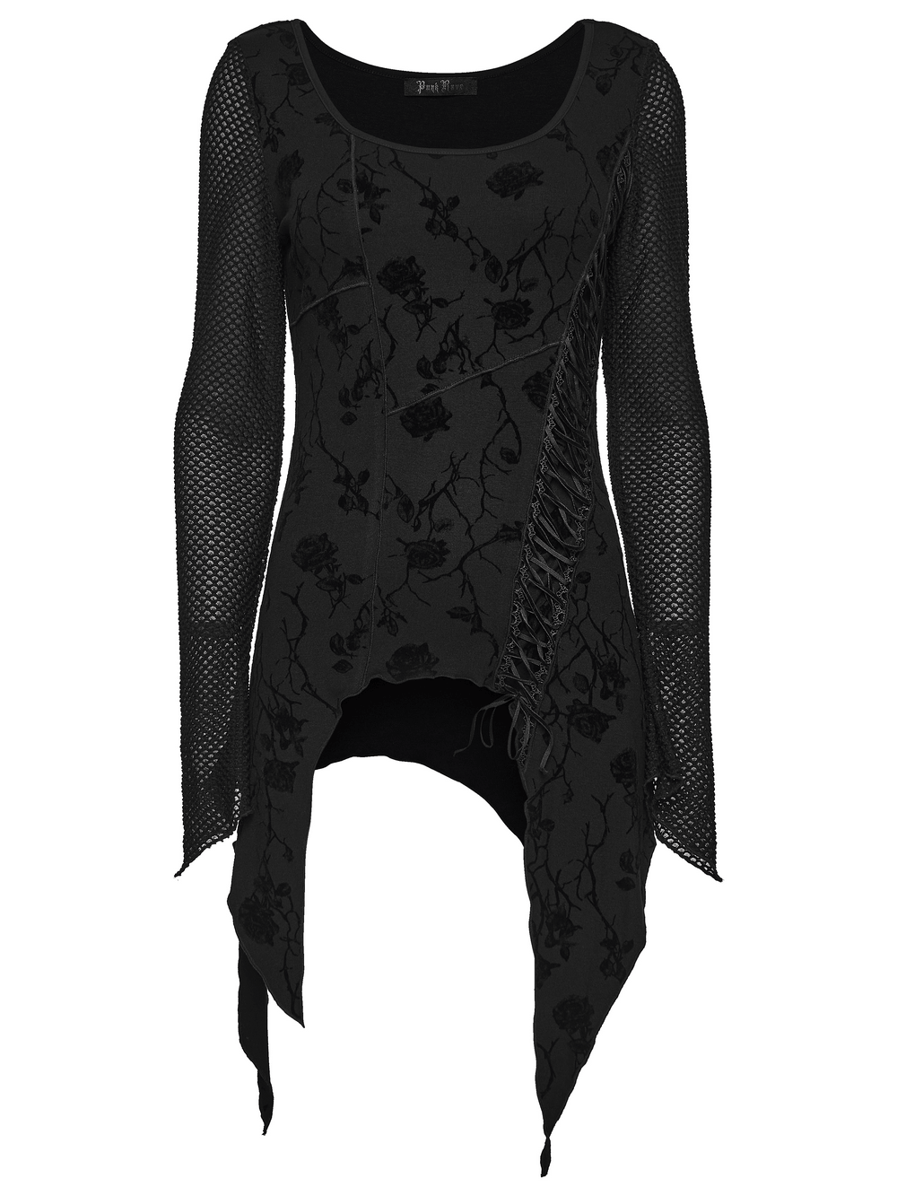Damen-Top mit Gothic-Rosenprint, asymmetrischem Schnitt und Mesh-Ärmeln