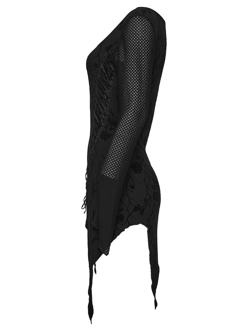 Damen-Top mit Gothic-Rosenprint, asymmetrischem Schnitt und Mesh-Ärmeln