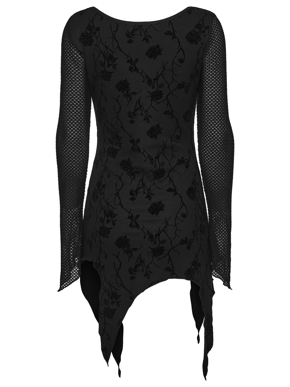 Damen-Top mit Gothic-Rosenprint, asymmetrischem Schnitt und Mesh-Ärmeln