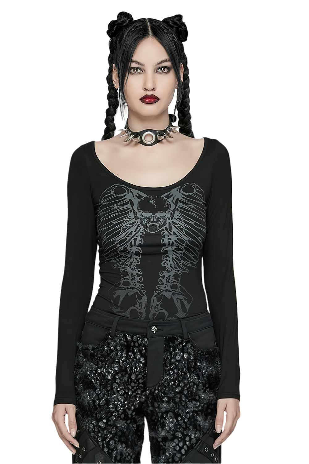 Gothic long-sleeved top with skeleton print and chain detail, showcasing a punk fashion style.