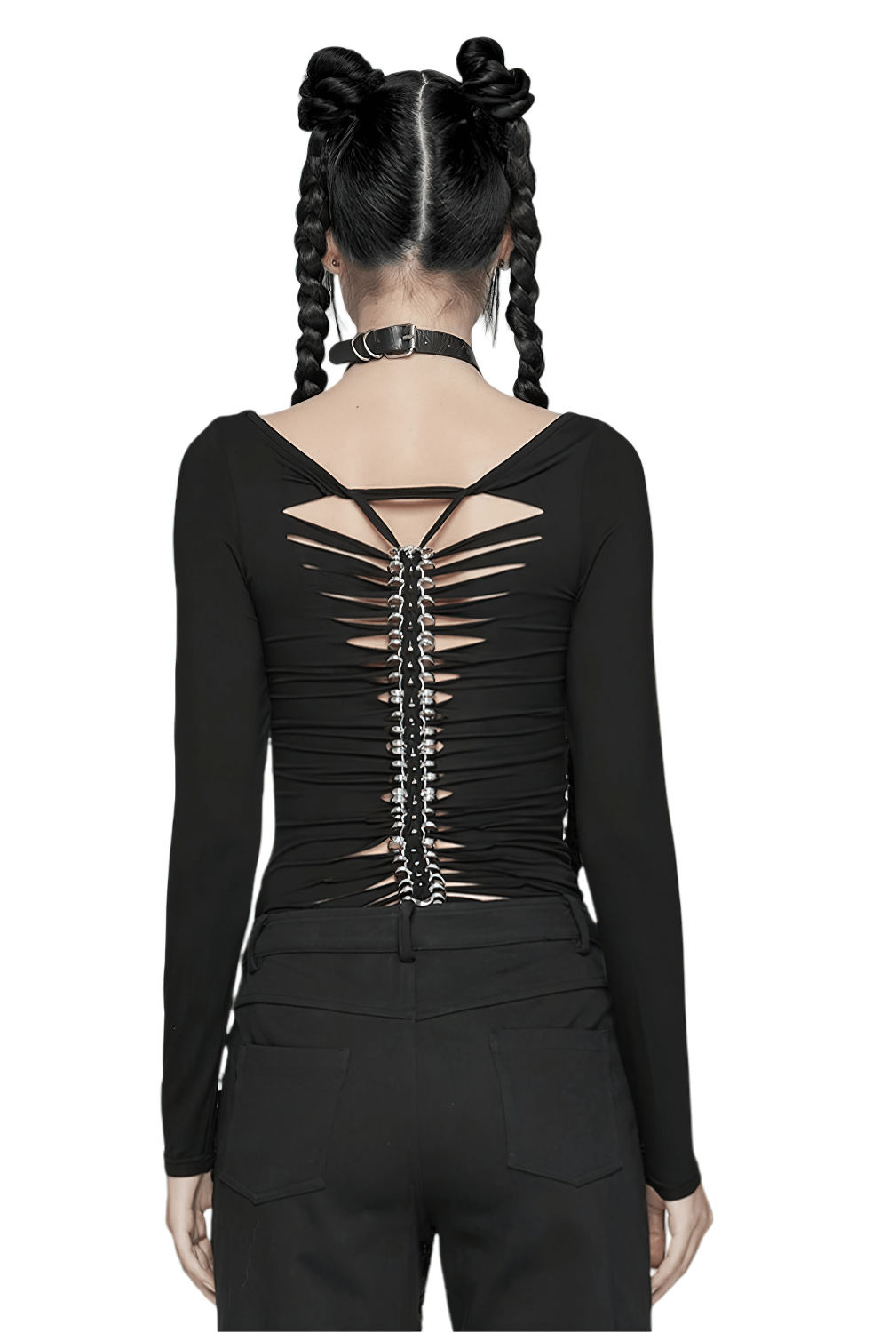 Back view of a gothic long-sleeved top featuring a skeleton print and spine-shaped chain detail, perfect for punk style.