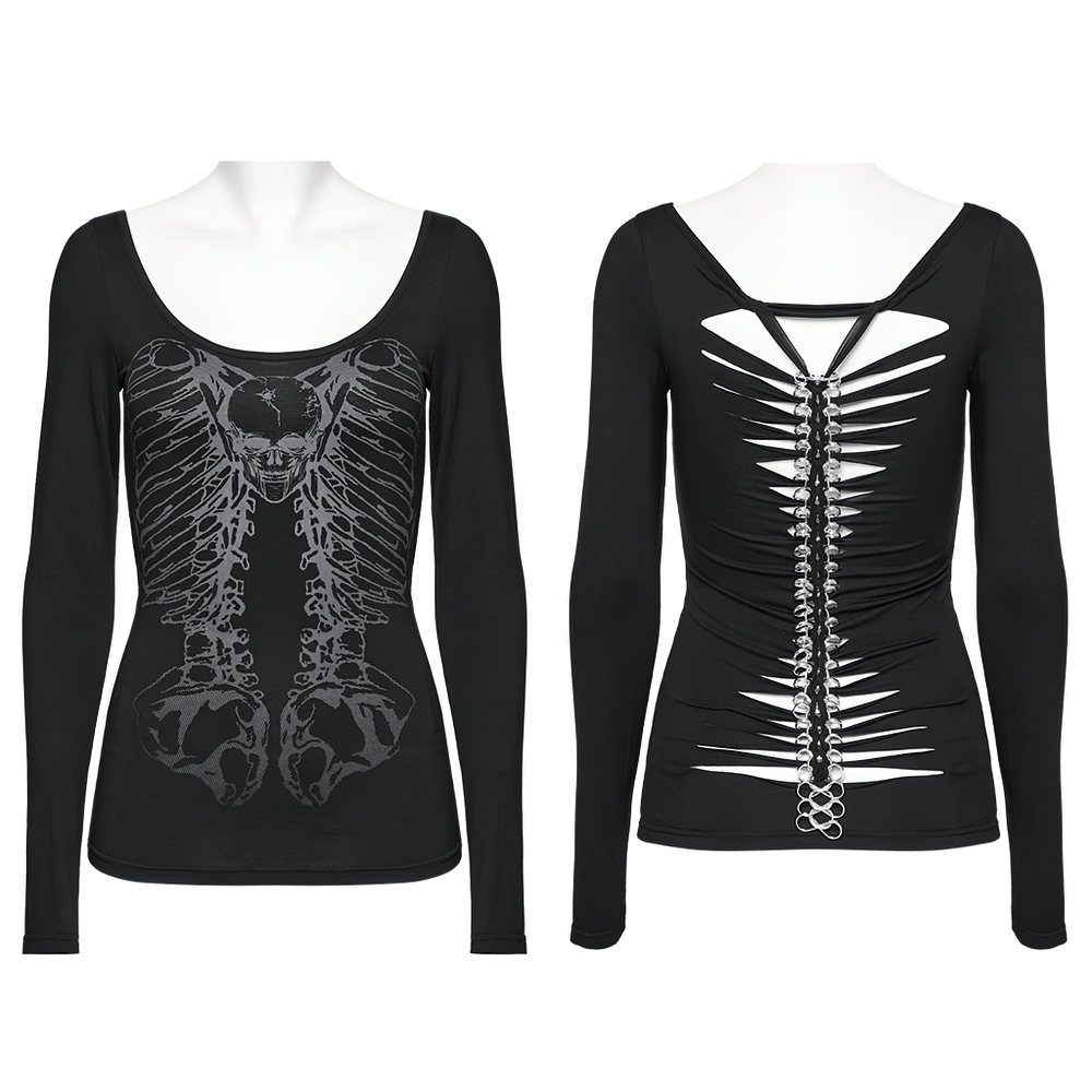 Gothic long-sleeved top with skeleton print and chain detail, perfect for punk-inspired fashion.