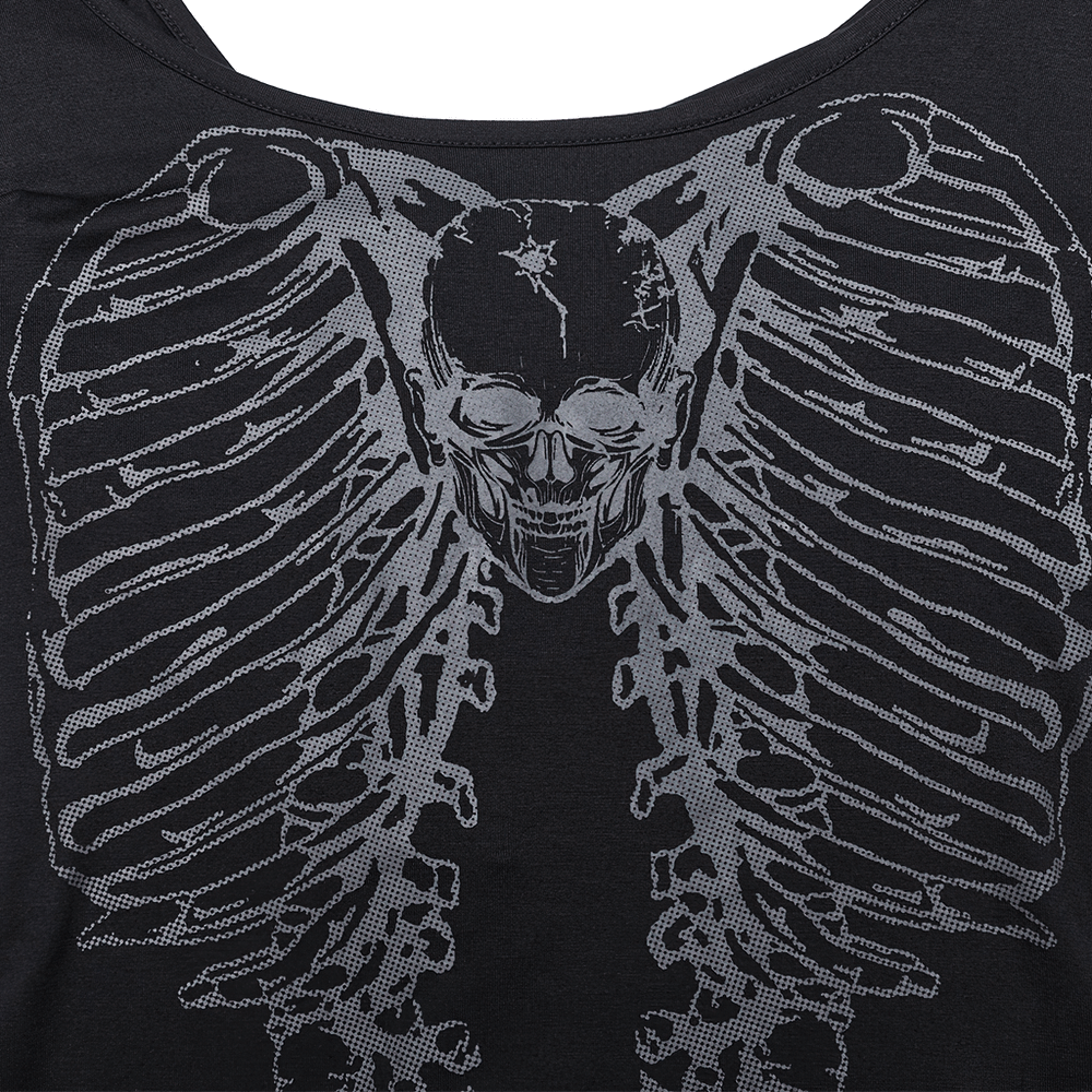Gothic long-sleeved top featuring a striking skeleton print and spine design for a punk-inspired style.
