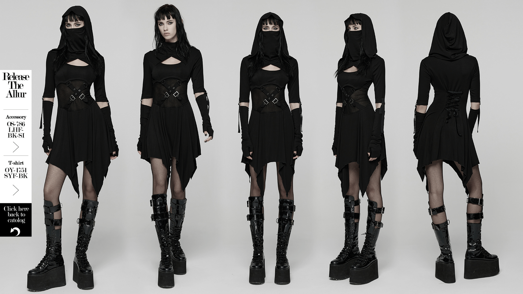 Female Hooded Black Dress with Mesh Waist and Straps featuring edgy designs and detachable elements.