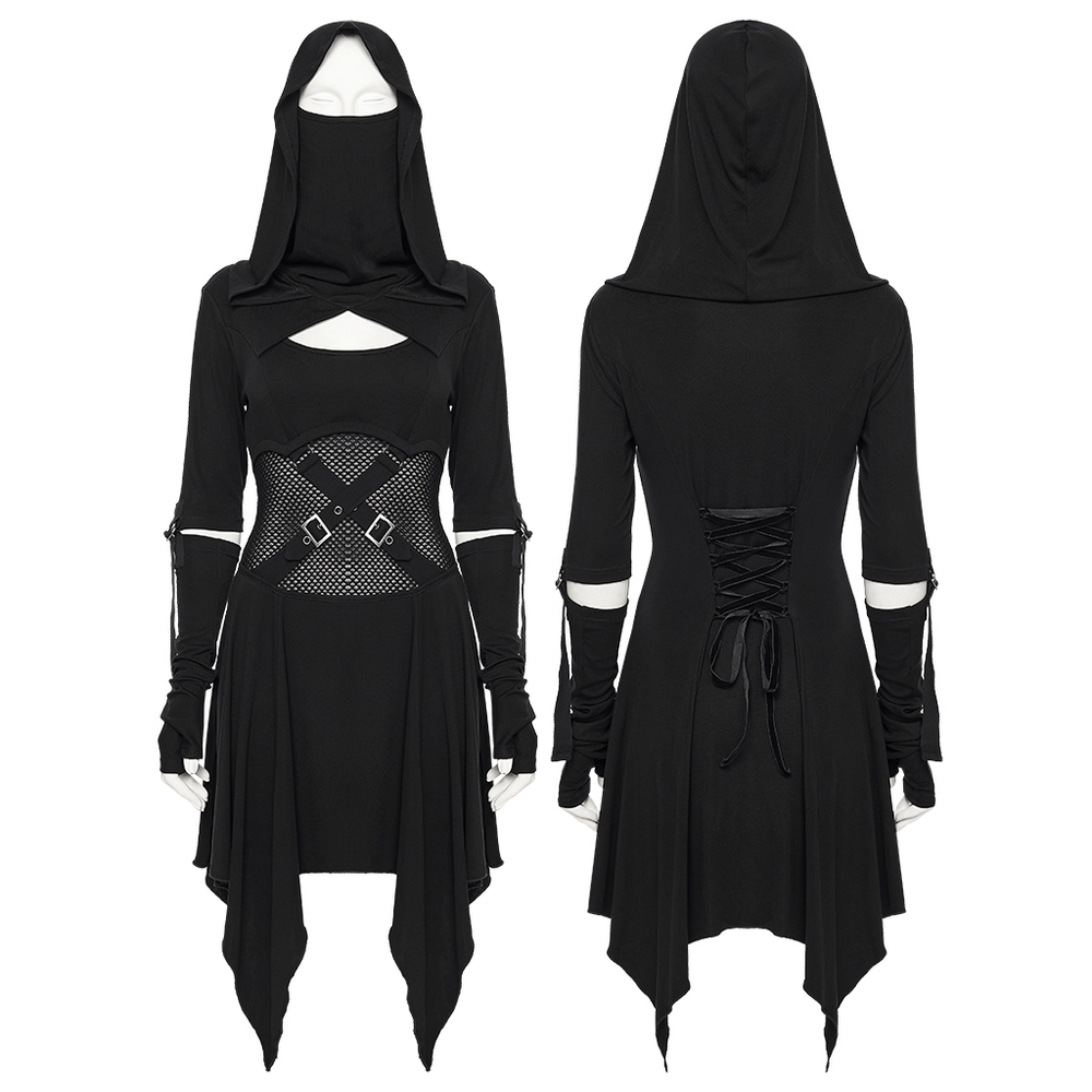 Female Hooded Black Dress with Mesh Waist and Straps showcasing gothic design and unique mesh cutouts.