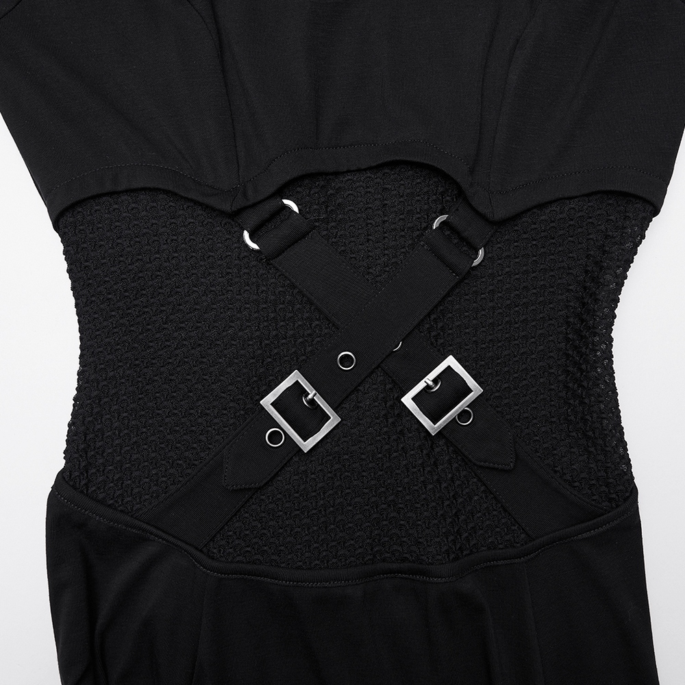 Close-up of the Female Hooded Black Dress with Mesh Waist and Straps, highlighting mesh cutouts and bold straps.