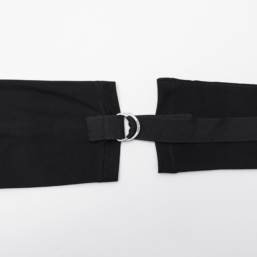 Female Hooded Black Dress with Mesh Waist and Straps detail featuring black fabric and silver buckle.