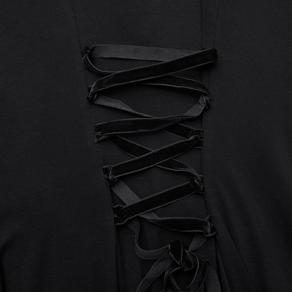 Female Hooded Black Dress with Mesh Waist and Straps featuring bold crisscross straps and mesh details.