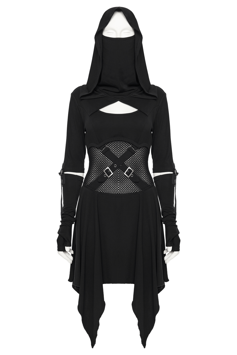 Female Hooded Black Dress with Mesh Waist and Straps featuring a unique hood, mesh cutouts, and eye-catching design.