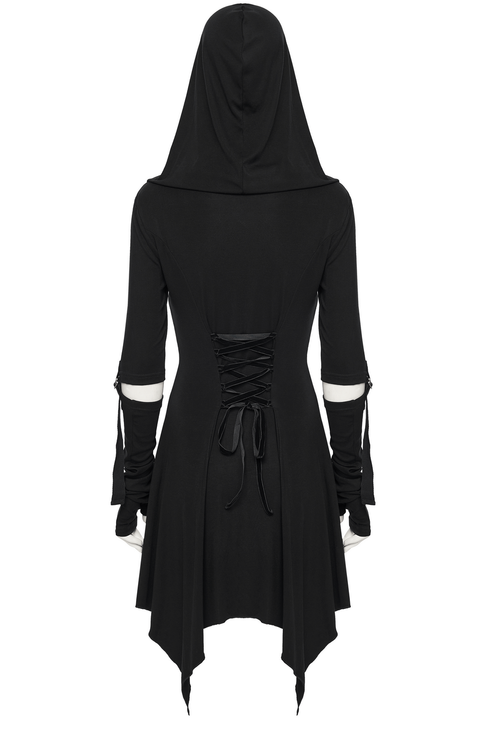 Female Hooded Black Dress with Mesh Waist and Straps showcasing back view with unique lacing and hood.