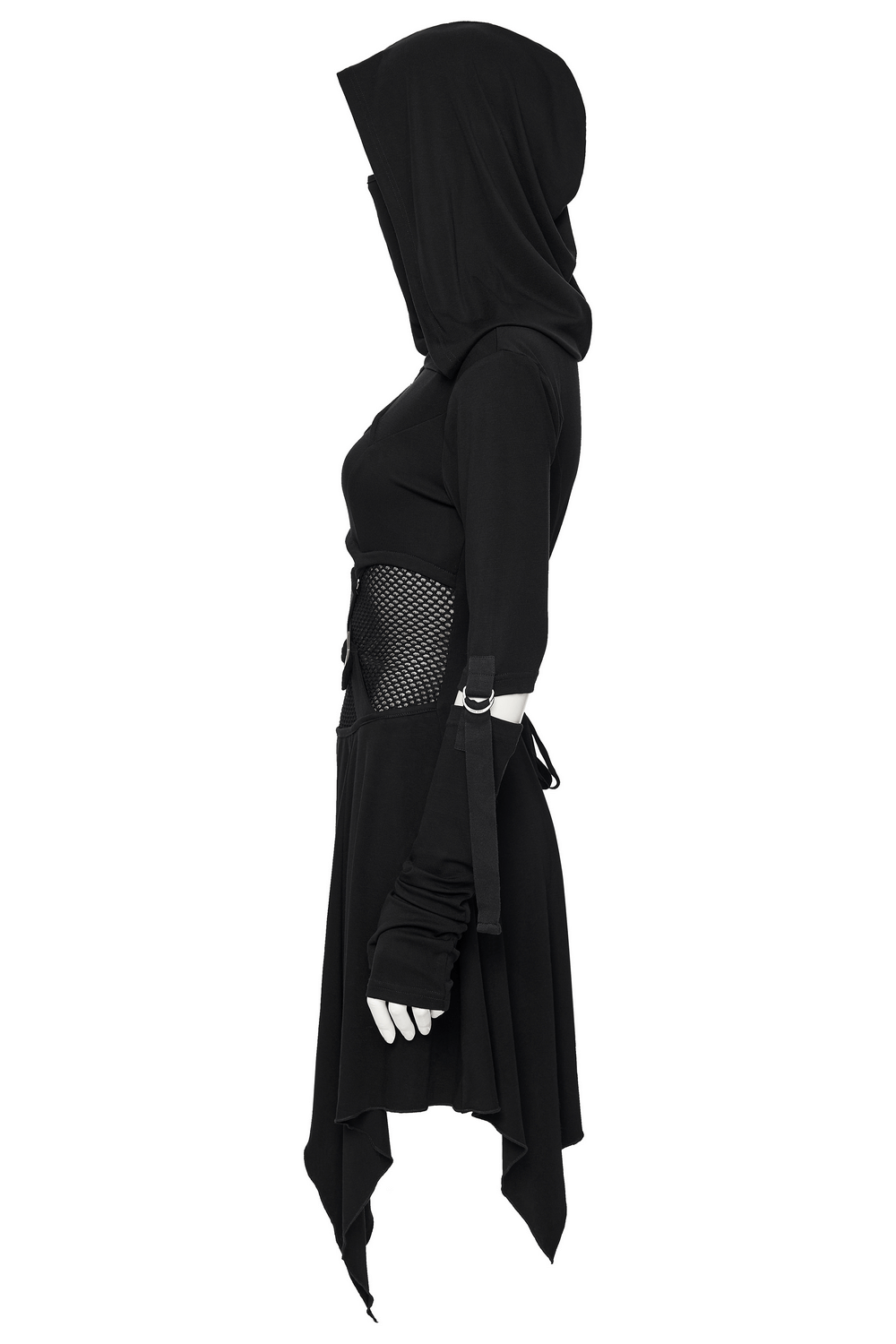 Female Hooded Black Dress with Mesh Waist and Straps showcasing a side view with hood and mesh cutouts.