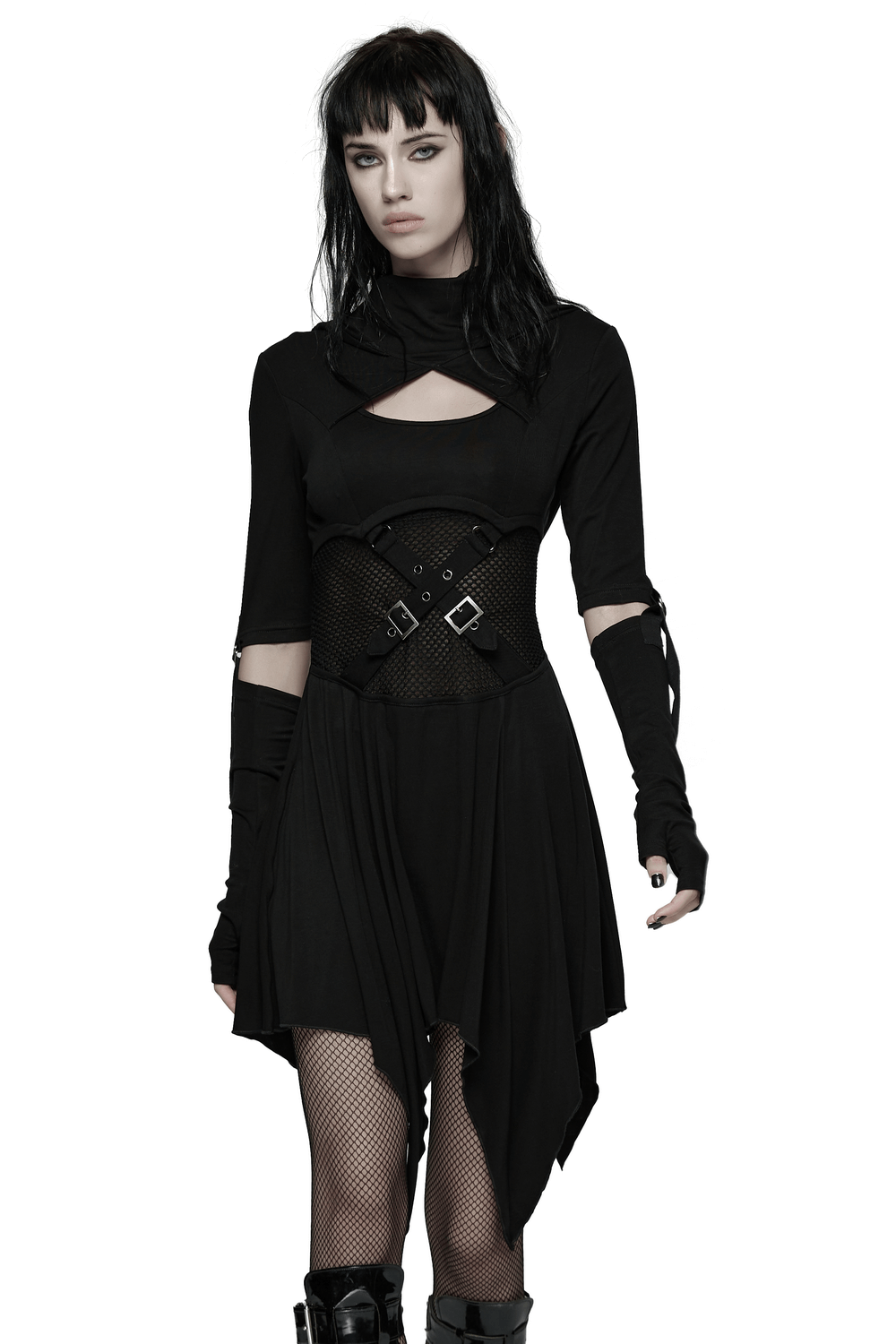 Female Hooded Black Dress with Mesh Waist and Straps showcasing a gothic design with mesh cutouts and straps.