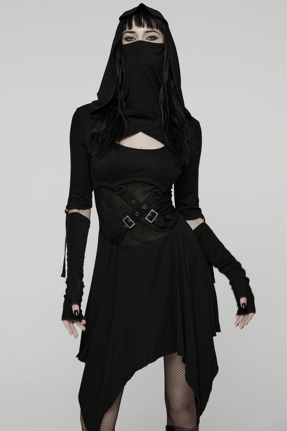 Female Hooded Black Dress with Mesh Waist and Straps, featuring bold mesh cutouts and a striking hooded design.