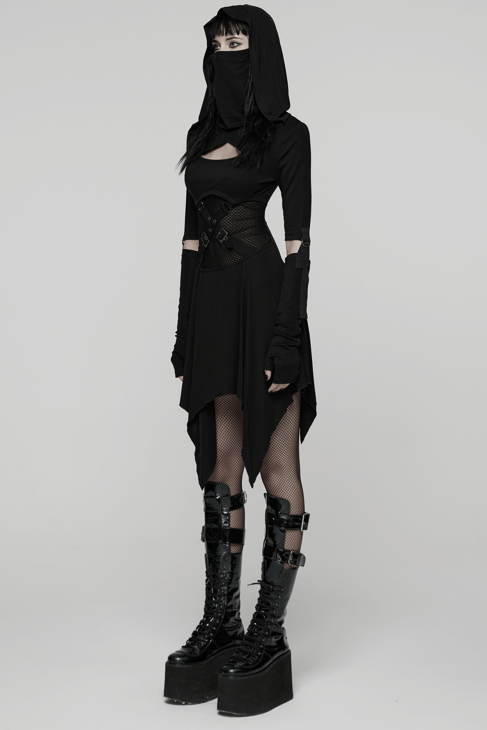 Female Hooded Black Dress with Mesh Waist and Straps, featuring a hood, mesh cutouts, and edgy arm sleeves.