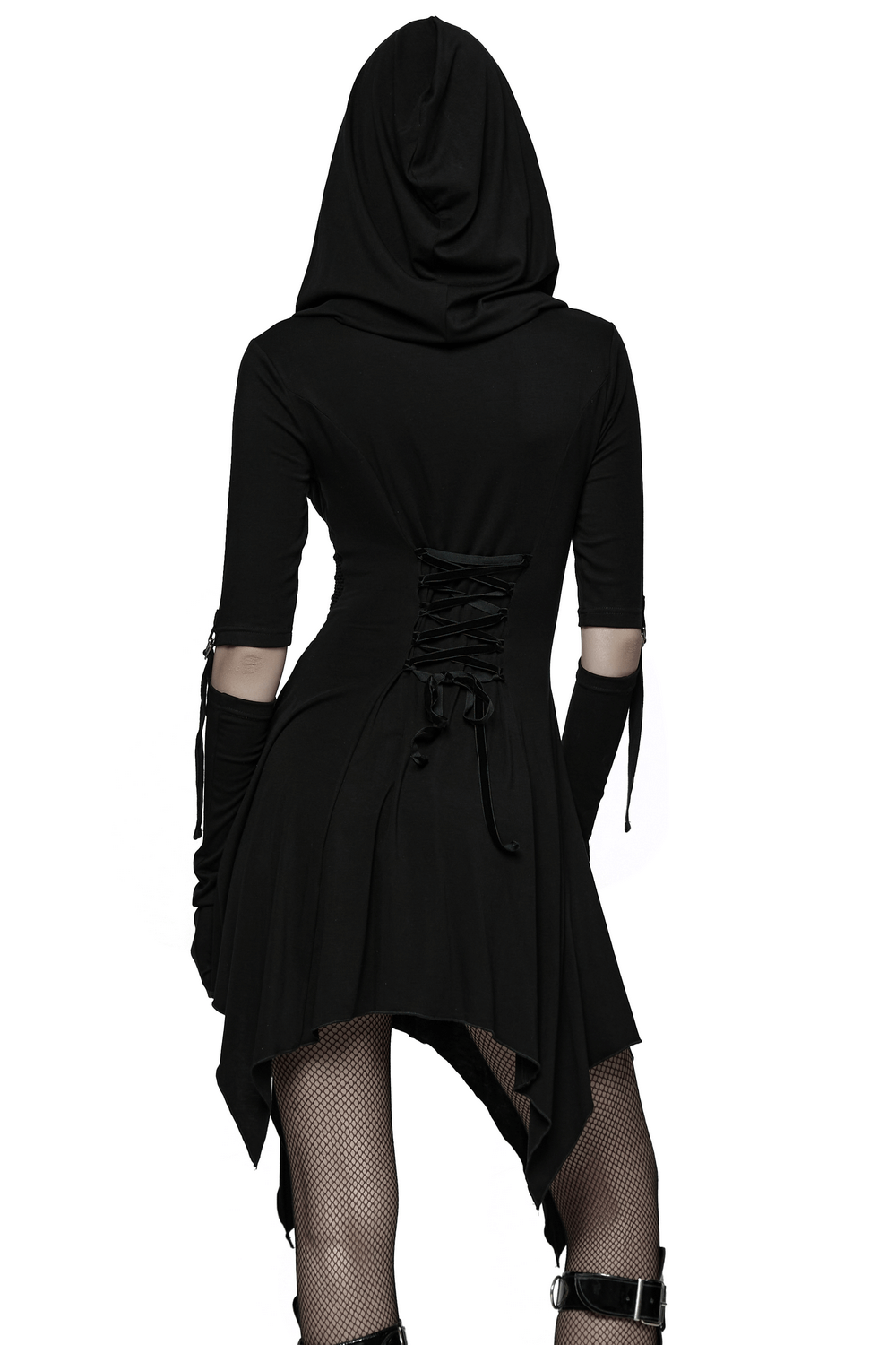 Female Hooded Black Dress with Mesh Waist and Straps, featuring a stylish hood and lace-up back detail.