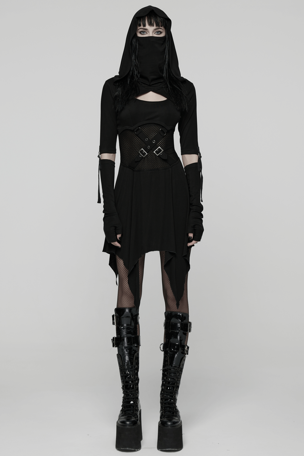 Female Hooded Black Dress with Mesh Waist and Straps, featuring a hood, mesh cutouts, and bold straps.