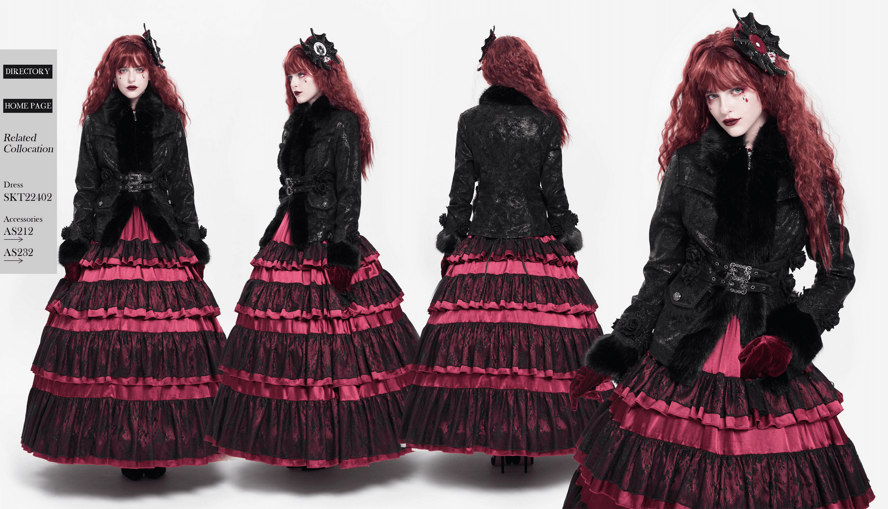 Gothic female jacket with faux fur trim and buckle straps, paired with a dramatic pink and black layered skirt.