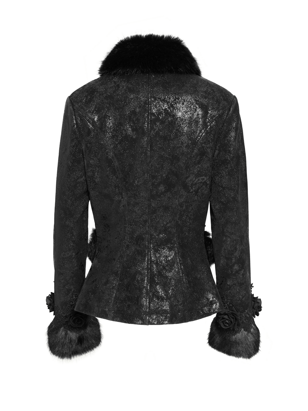 Back view of a women's gothic black jacket with faux fur trim and lace rose accents.