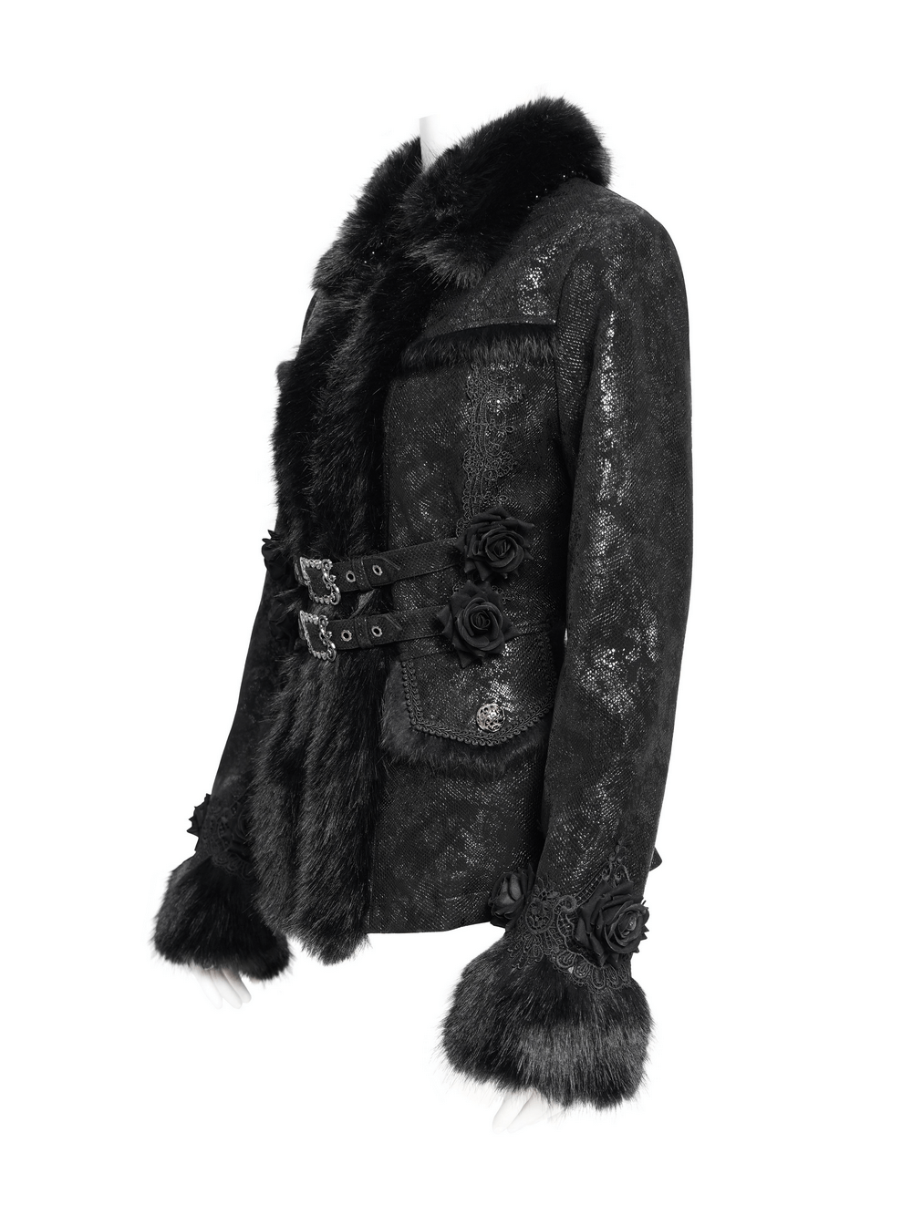 Gothic black jacket with faux fur trim, lace roses, and buckle strap details for women.