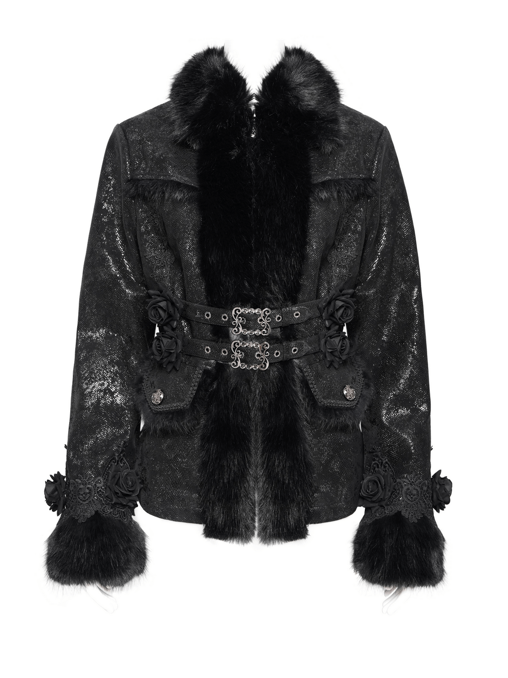 Dark gothic women’s jacket with faux fur trim, lace roses, and buckle details for alternative fashion.