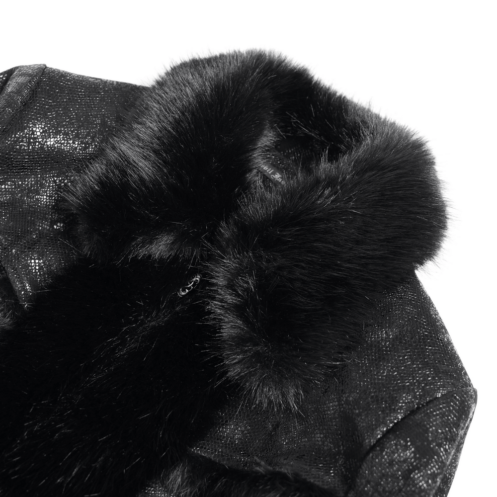 Dark warm jacket with faux fur collar and intricate buckle straps, perfect for gothic and alternative fashion.