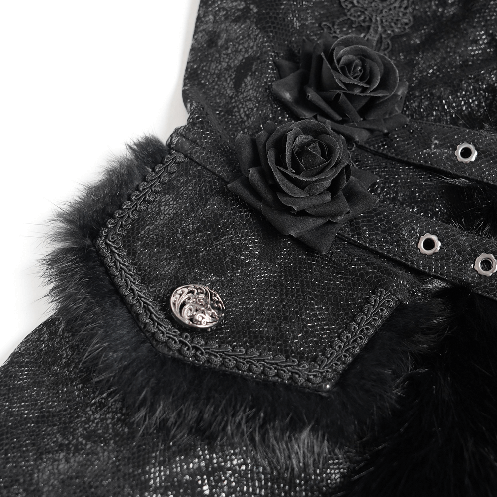 Close-up of dark gothic jacket with faux fur trim, lace roses, and decorative buckle straps.
